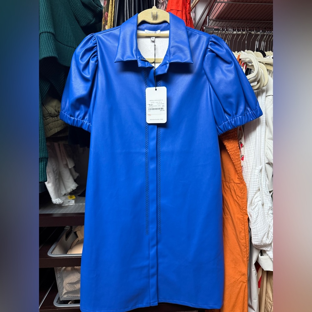 NWT Anderson Dress - Cote D’Azur Blue Vegan Leather Puff Sleeve Dress